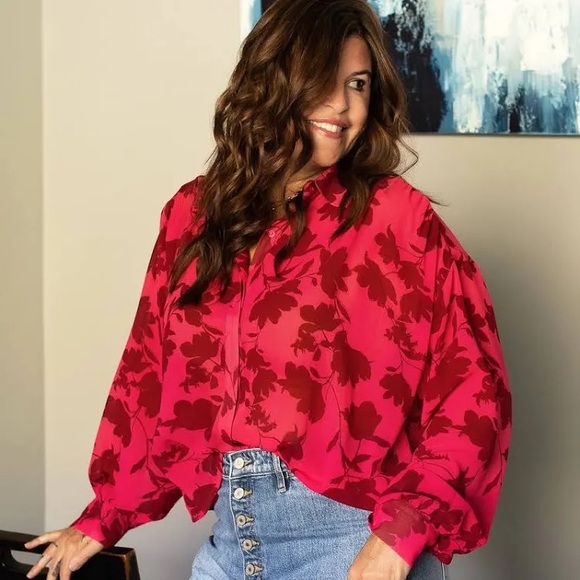 Lumiere Tops Floral Raspberry Color Button Up Blouse (M) - Picture 1 of 10